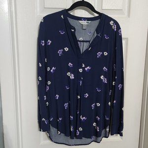 Blue floral long sleeved v-neck tunic blouse